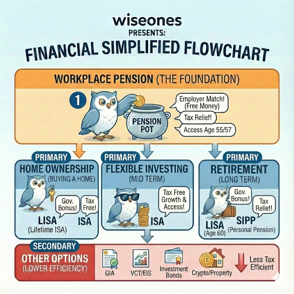 Wiseones personal finance flowchart showing the key steps: emergency fund, workplace pension, debt management, ISA, additional pension contributions